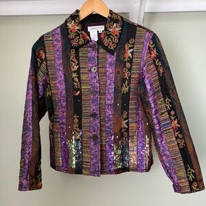 🌟VTG Coldwater Creek Padded Embroidered Boho Purple Collared Jacket Petite XS